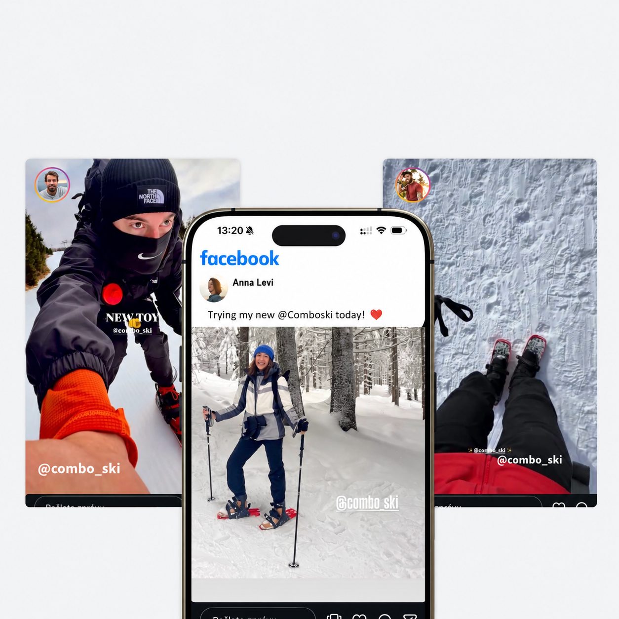 Ukázka příspěvku nebo story s viditelným produktem Combo Ski a označením profilu